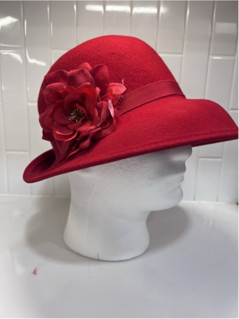 Vintage Women’s Hat Tina Too Asymmetrical Wide Rim Red Wool W Red Flower 1960s